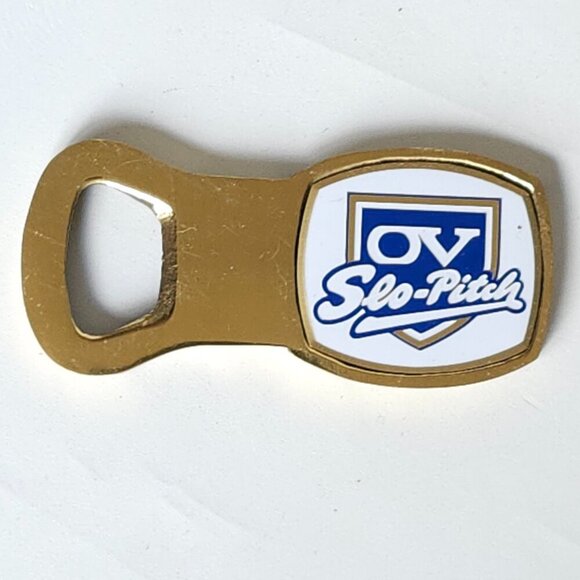 VINTAGE OLD VIENNA BOTTLE OPENER Metal Slo-Pitch Logo Gold Tone - Picture 1 of 2